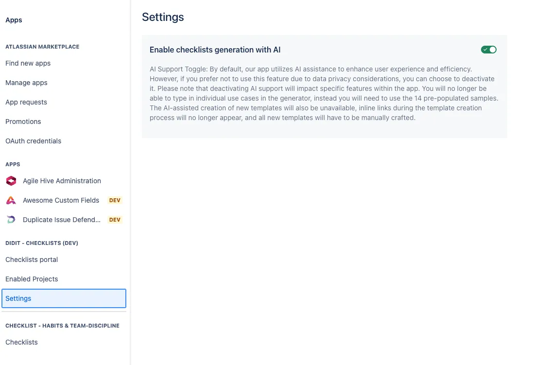 The admin toggle to enable AI checklist template generation.