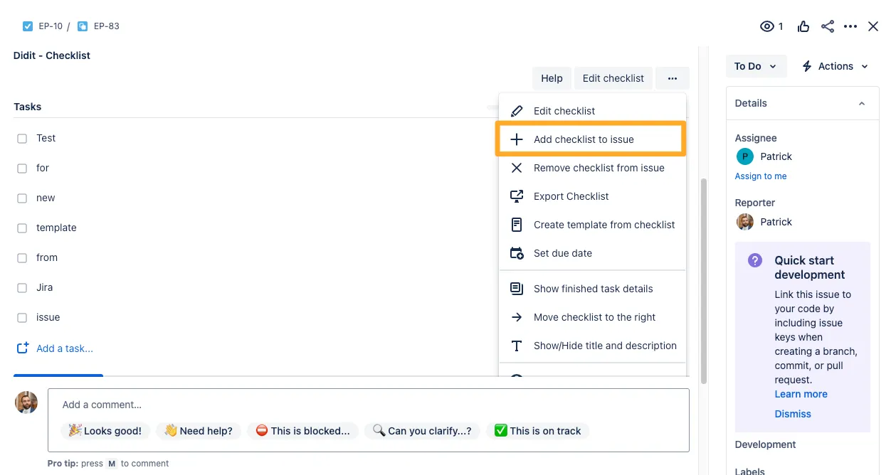 The Didit panel with the ... menu open and the add checklist to issue button highlighted.