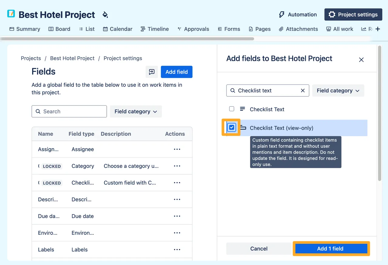 The enabled projects setting for the Checklists for Jira app.