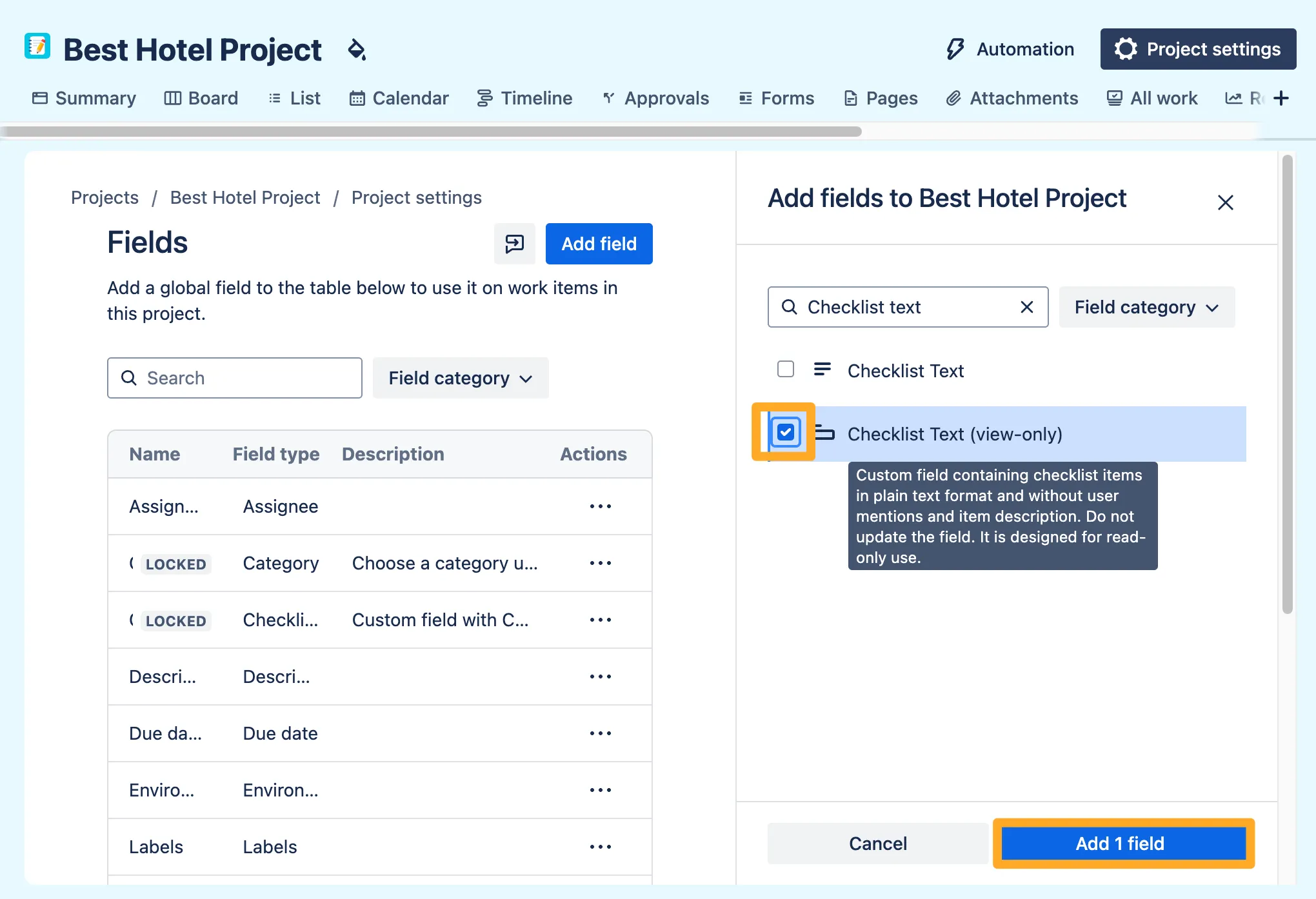 The enabled projects setting for the Checklists for Jira app.