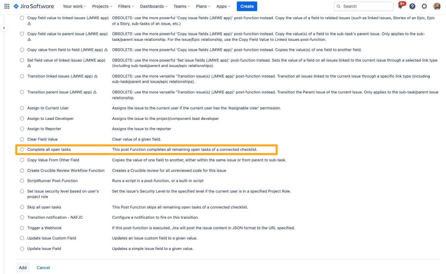 The list of post functions with the completed all open tasks option selected.