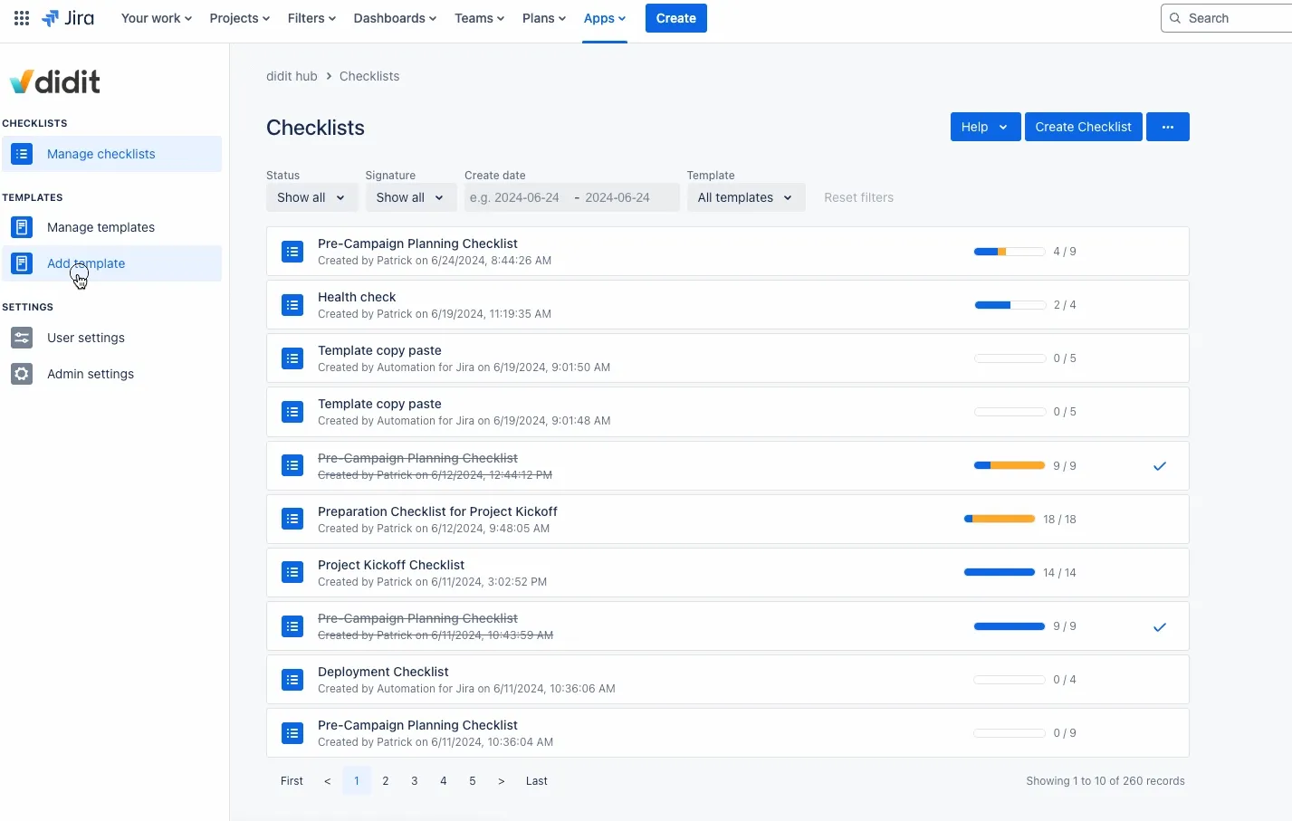 Adding a template from the database of templates in the Didit app.