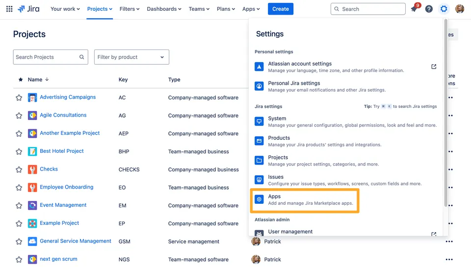 Admin cog dropdown open in Jira with the apps button highlighted.