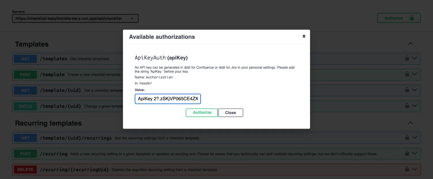 An example of authorizing an API key in the Didit reference page.