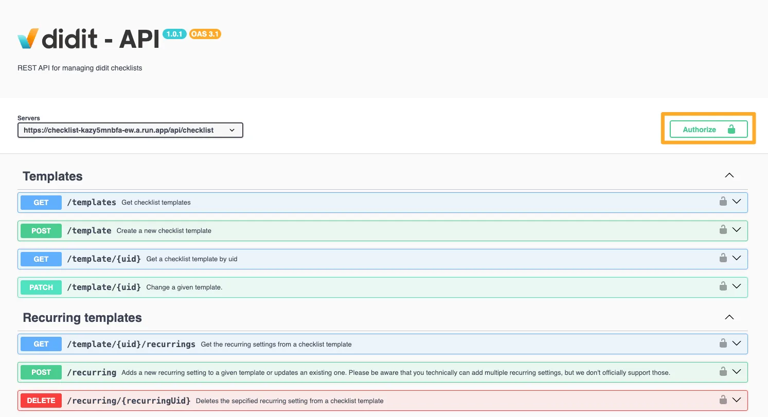 The Didit API reference page with the Authorize button highlighted.
