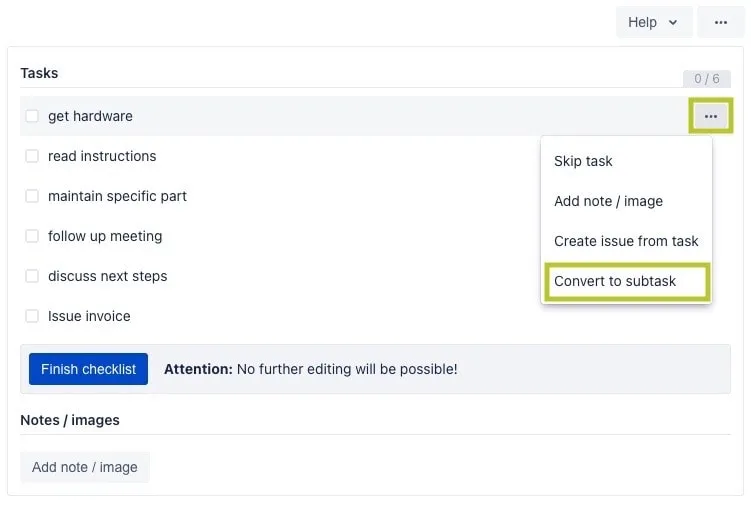 A Didit checklist with the convert to subtask button highlighted.