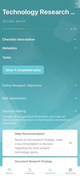 A Didit checklist for technology research in the iOS app.