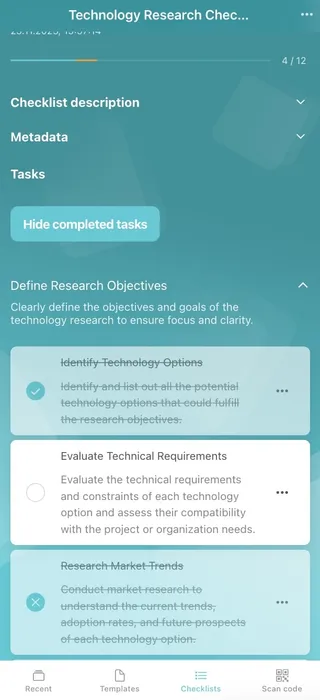 A Didit checklist in the iOS app with the option to hide completed checklist tasks.