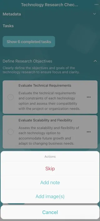 A Didit checklist with the option to skip the task, add notes, or add images to a task in the iOS app.