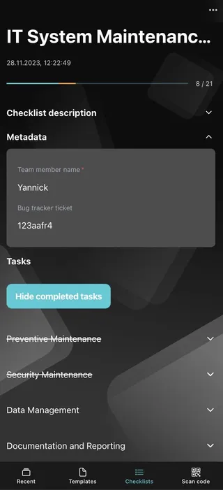 An IT System Maintenance Didit checklist in the iOS app with some data in the metadata fields.