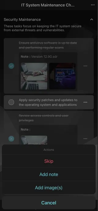 The Didit Android app with the ability to add notes and images to a task as well as skip them.