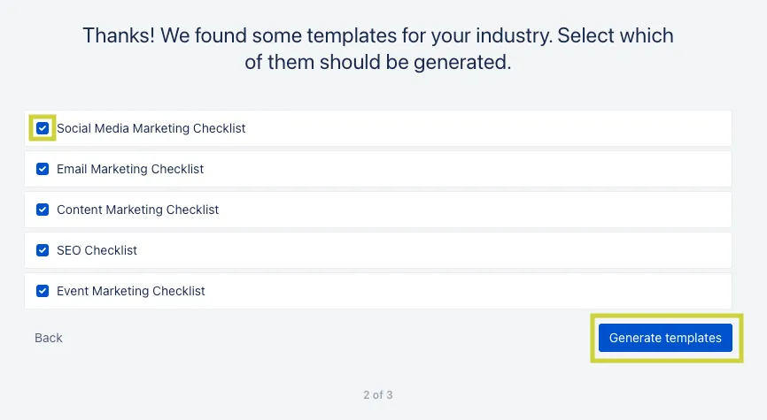 The checklist generator templates after the user selects a category.