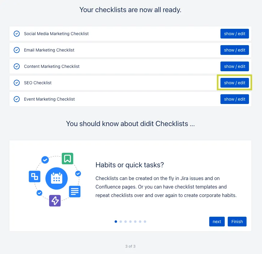 The newly created checklist templates, ready for edit.