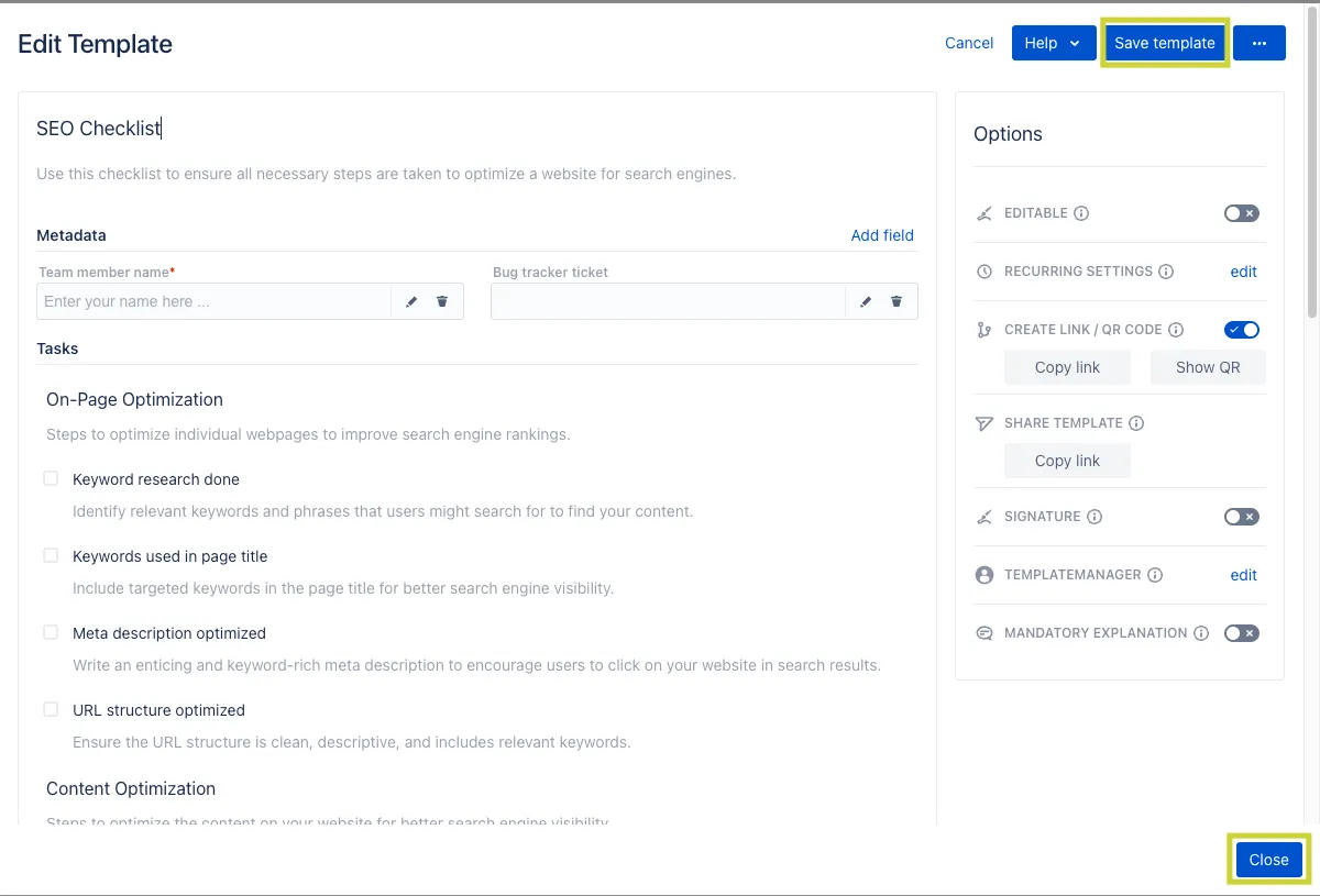 A newly created checklist template in edit mode.