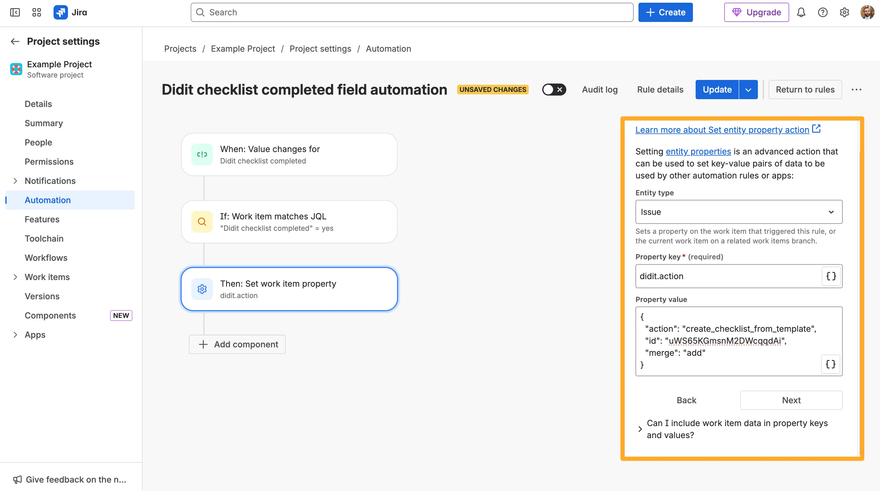 Action to add checklist to issue when checklist is completed.