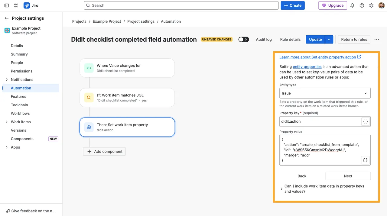 Action to add checklist to issue when checklist is completed.