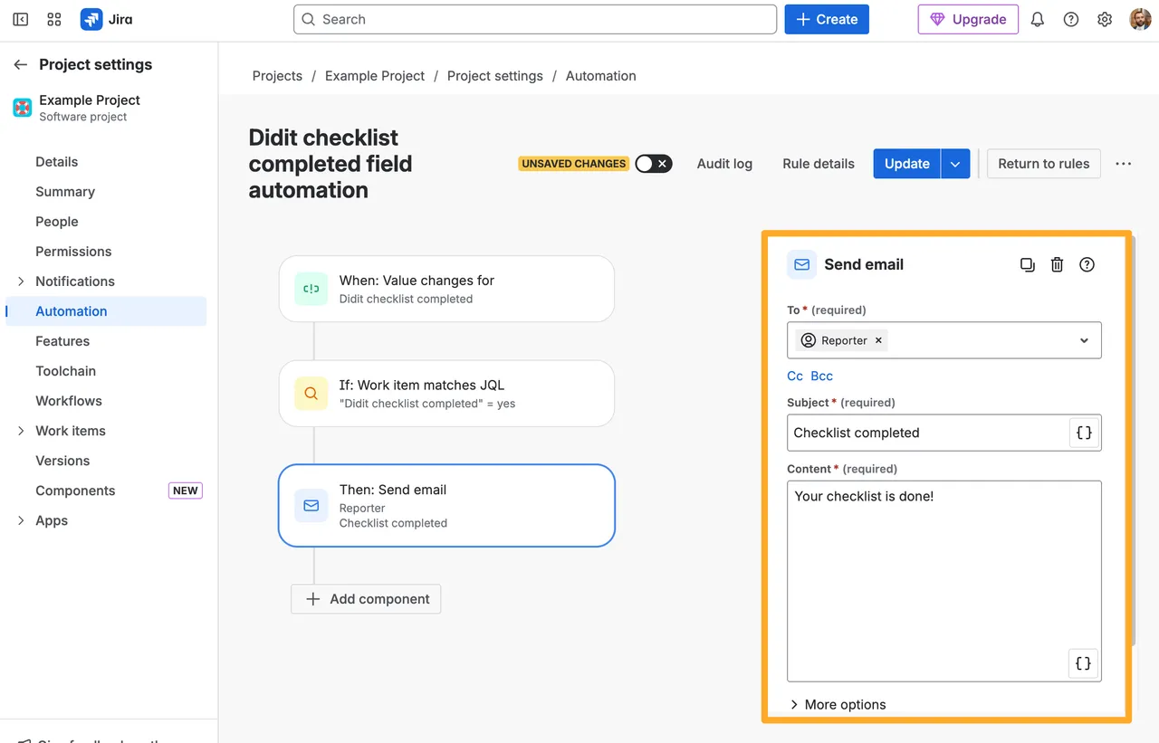 Action to add checklist to issue when checklist is completed.