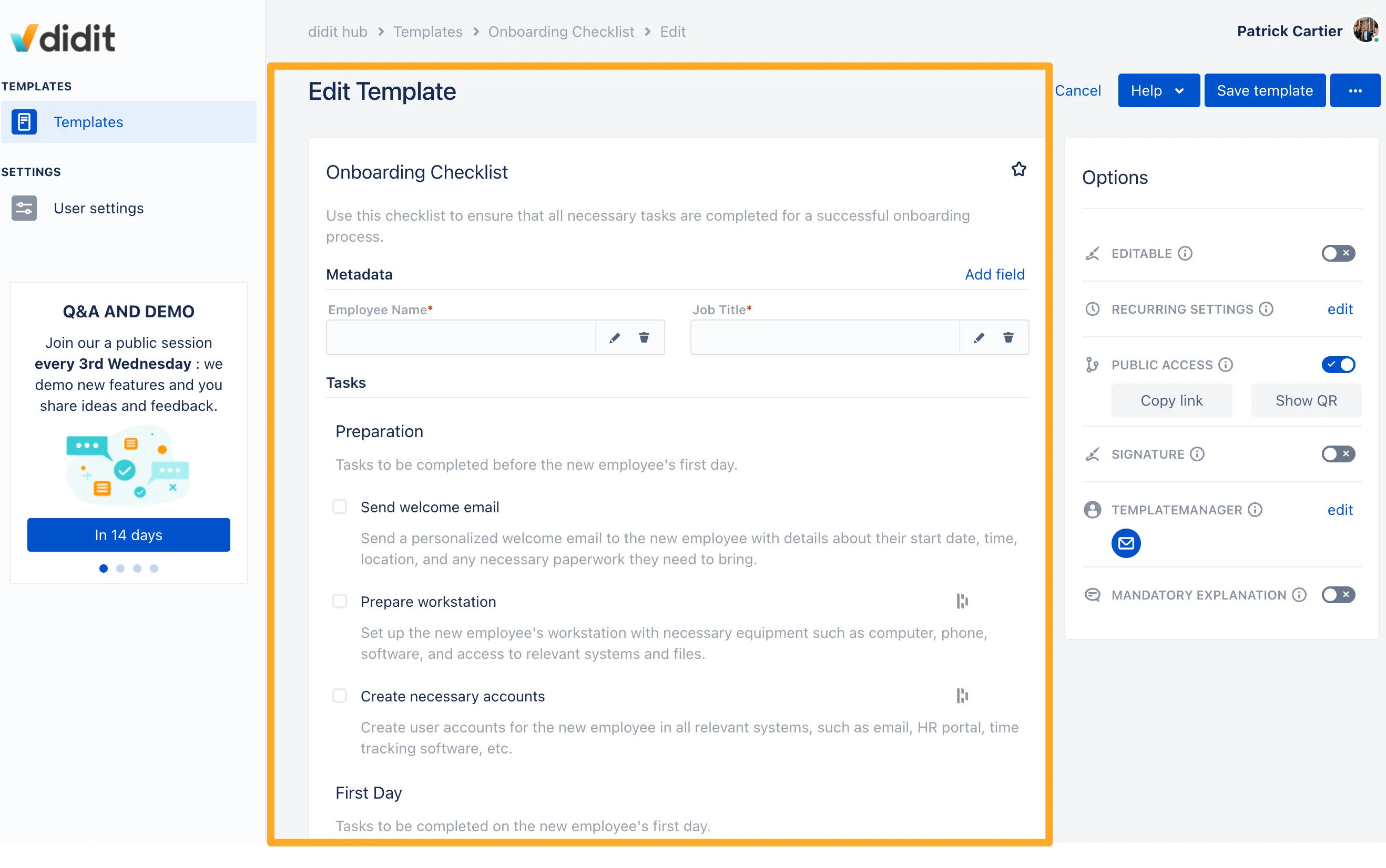 The template manager view when editing a checklist template that they are a template manager for.