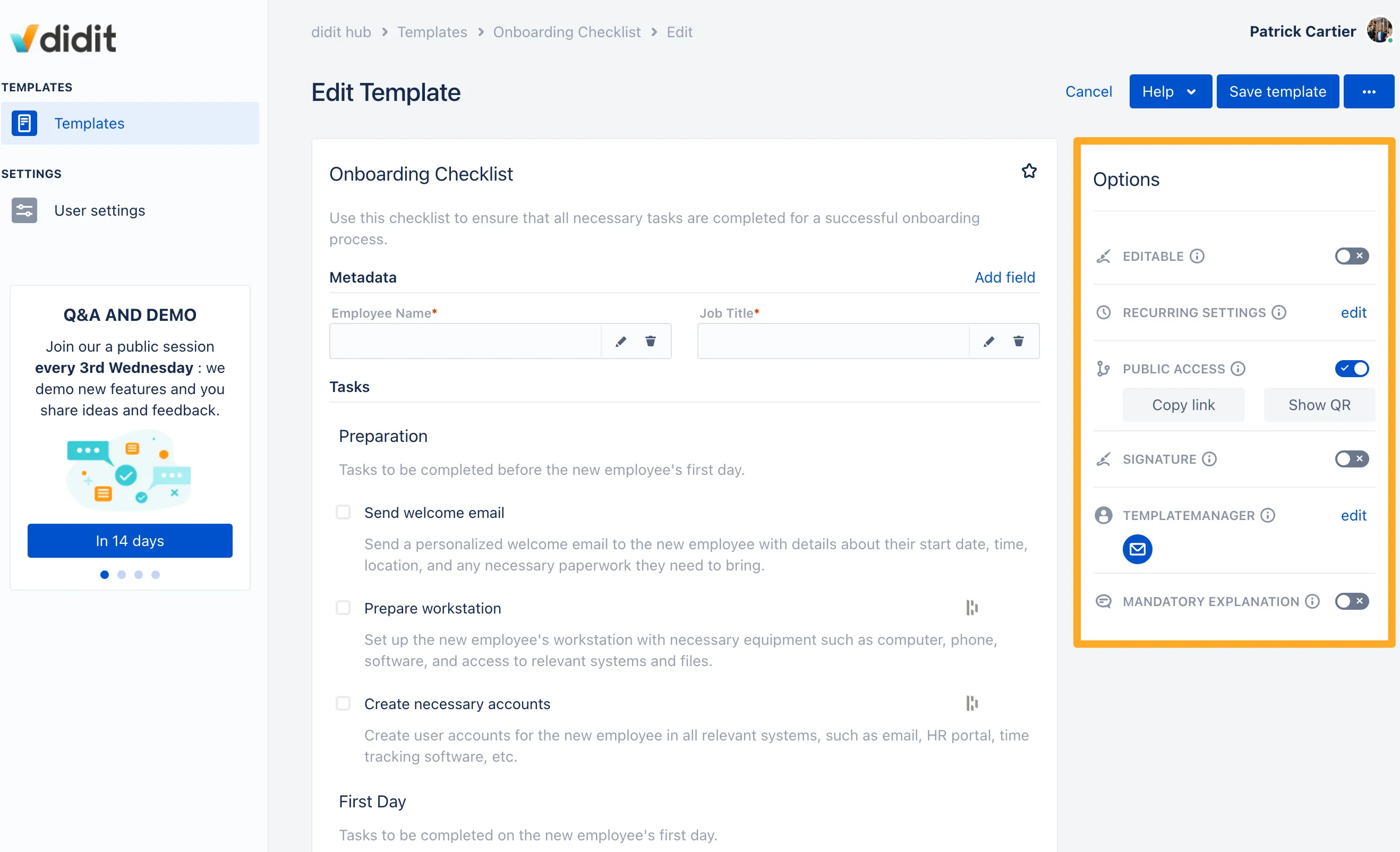 The settings on the right side that are available to the template manager.