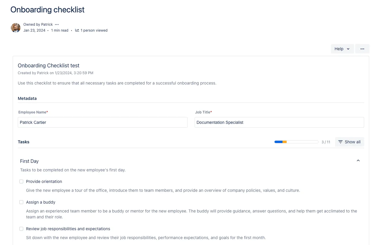 An example of a checklist in a Confluence page.