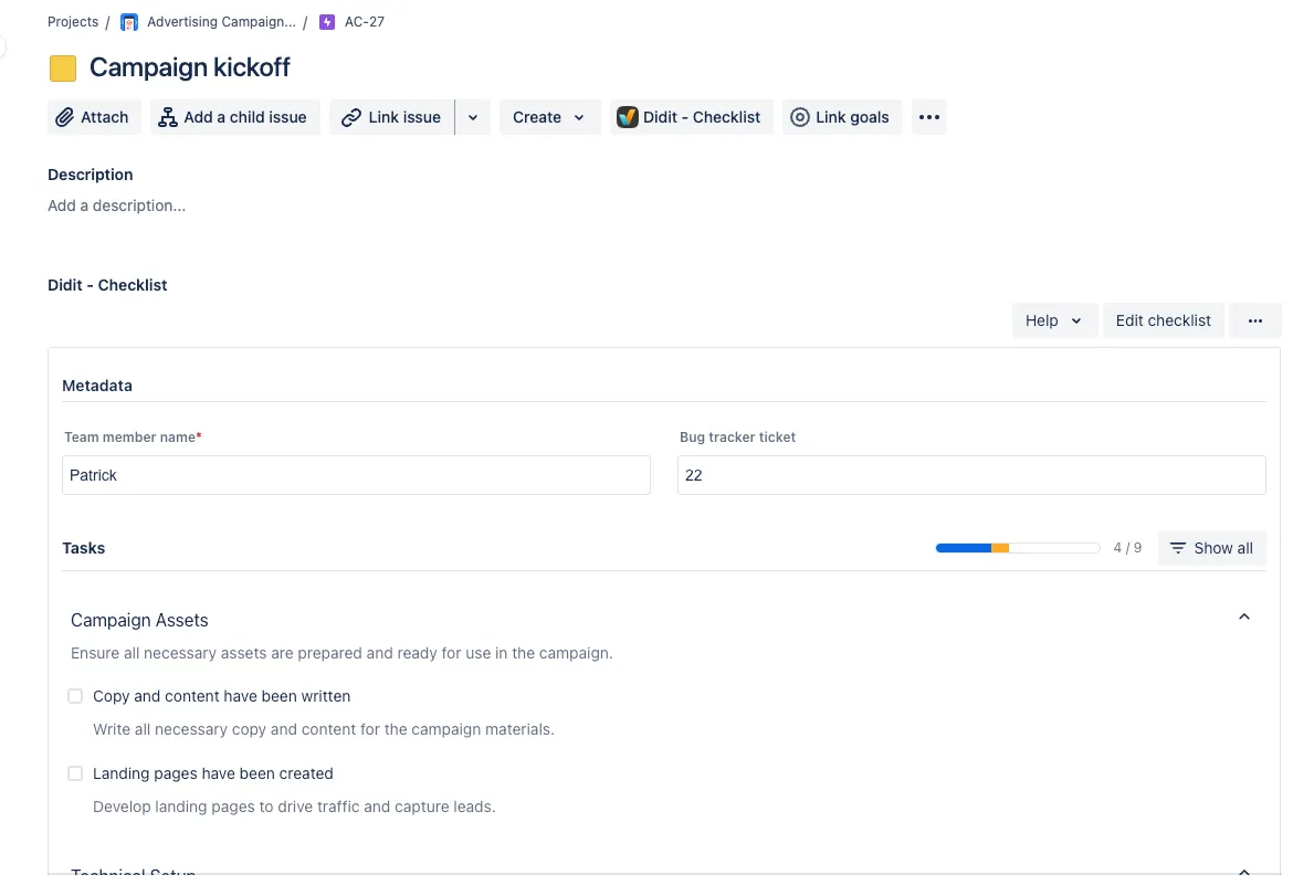 An example of a checklist in a Jira issue.