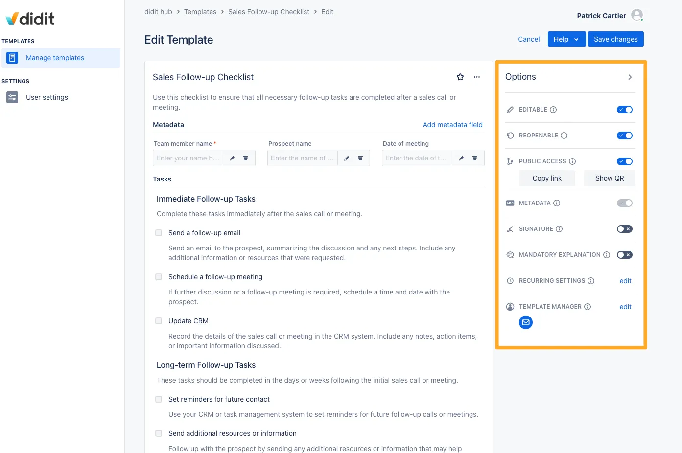 The settings and options that are available within a checklist template in the customer portal.