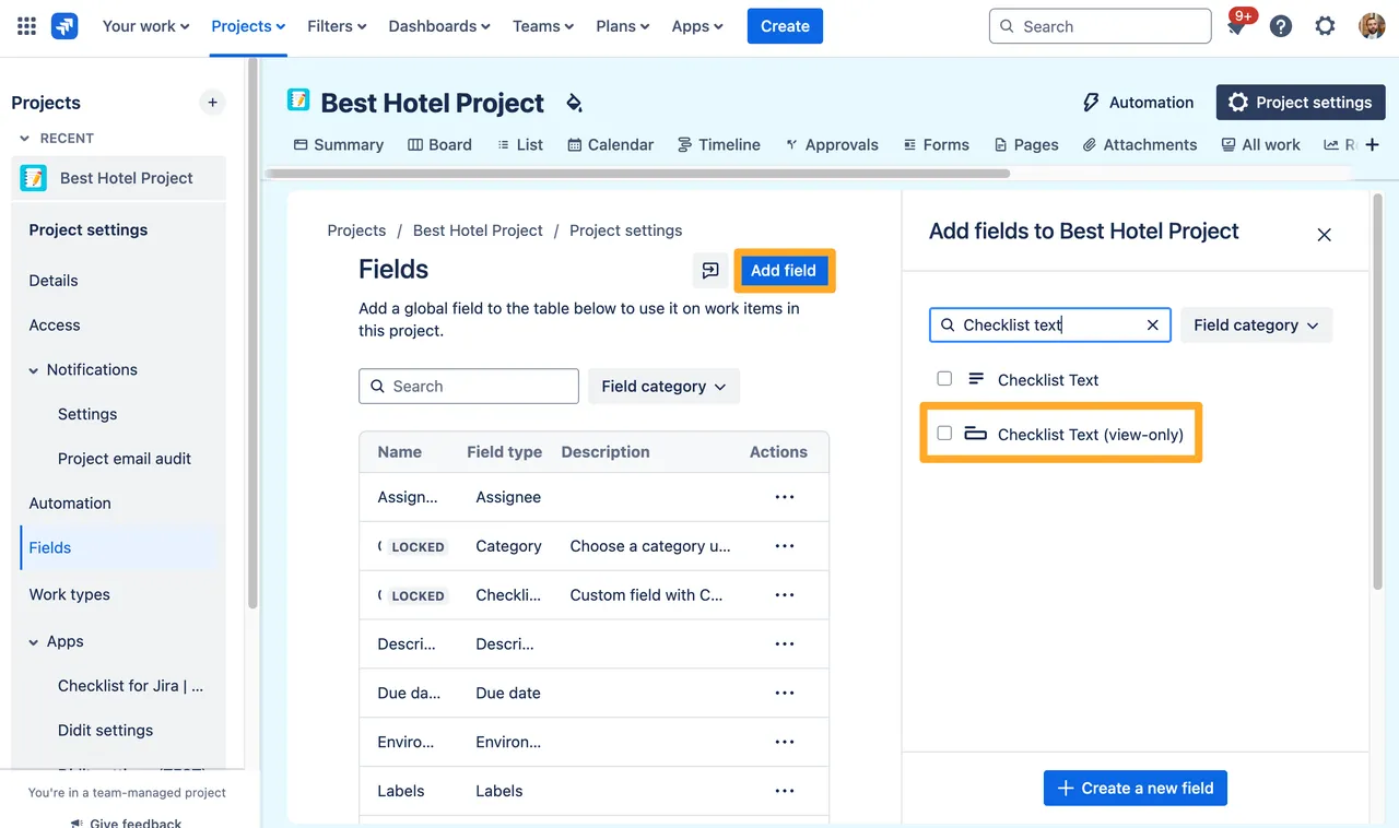The enabled projects setting for the Checklists for Jira app.