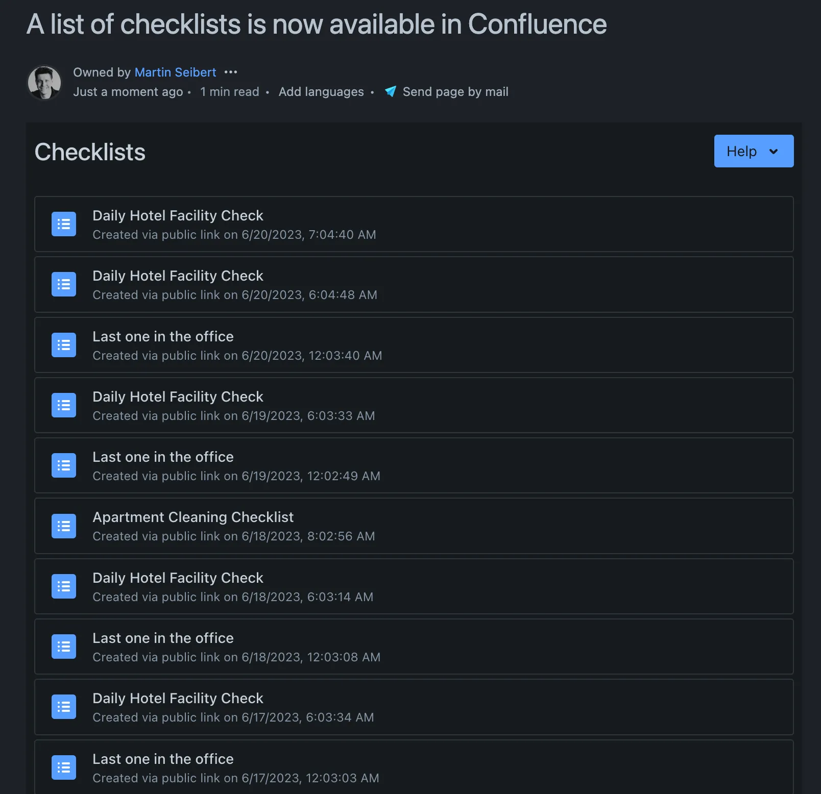 The checklists list macro in a Confluence page.