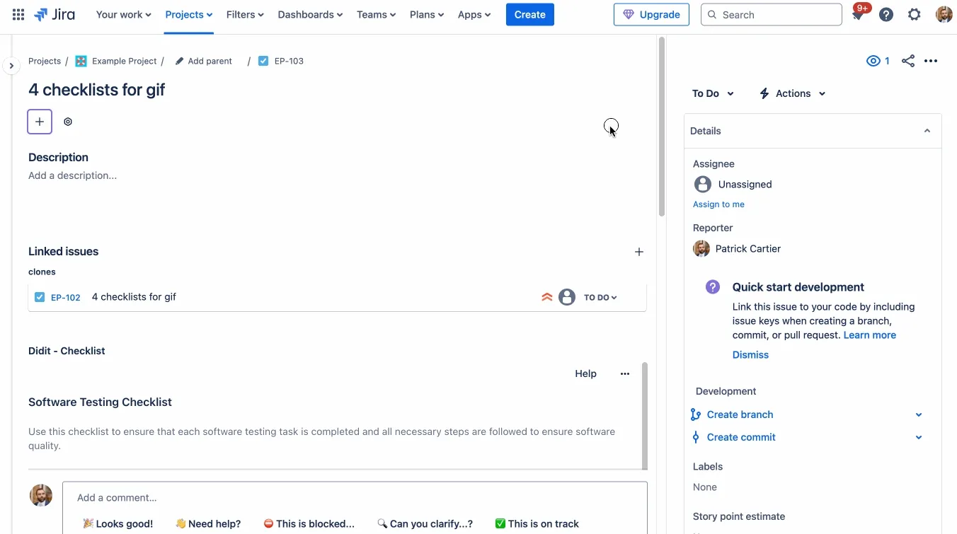 The behavior of the default checklists when a Jira issue is cloned.