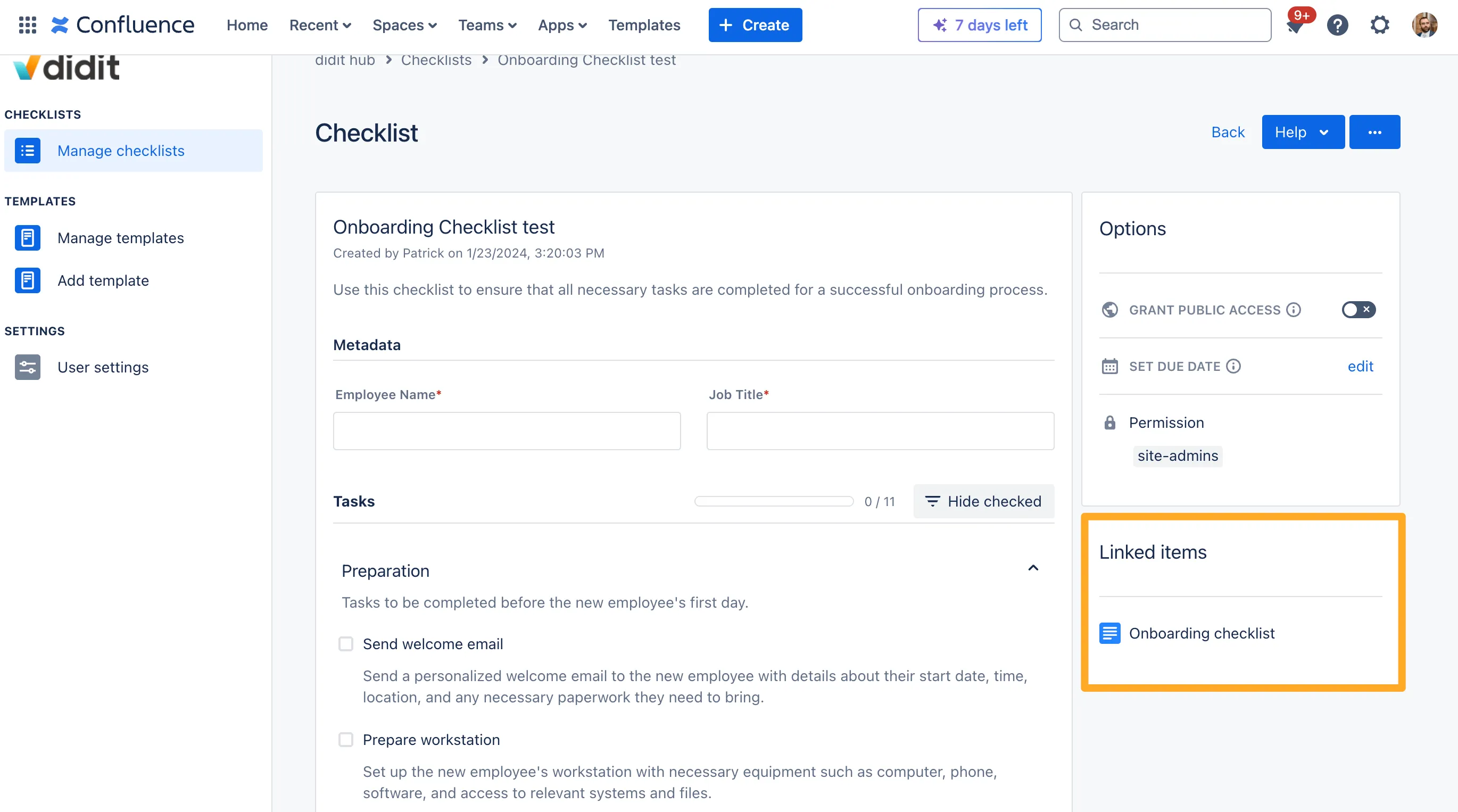 A checklist in the Didit hub with the linked items section highilghted showing a Confluence page