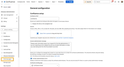 The general configuration page in Confluence with the find new apps section highlighted.