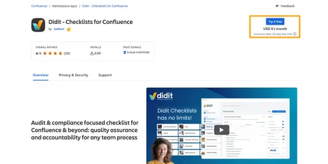 The Didit for Confluence app with the try it free option highlighted.