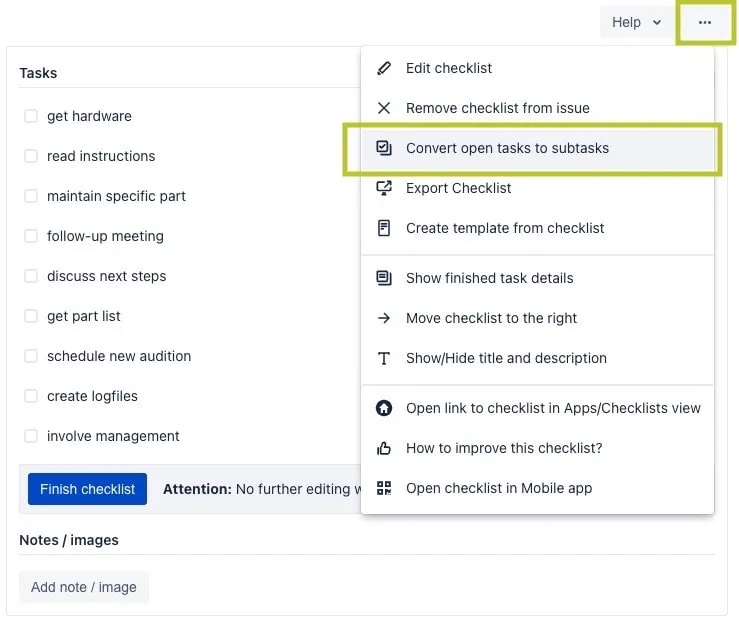 A Didit checklist with the convert all open tasks to subtasks button highlighted.