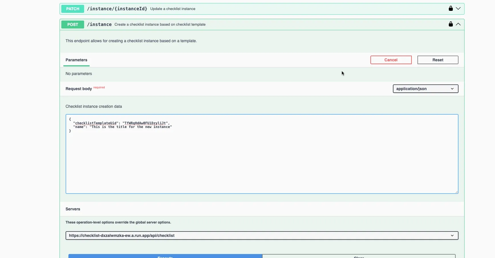 An example of creating a checklist based on a template via API.