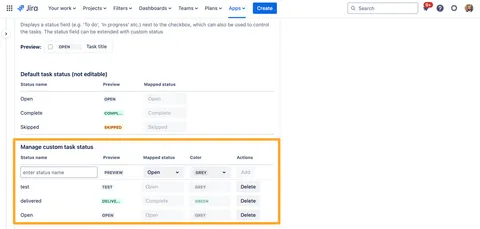 Custom task statuses in the Didit admin configuration.