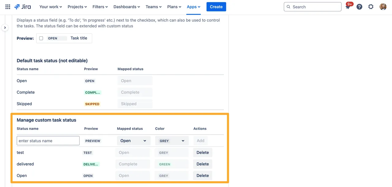 Custom task statuses in the Didit admin configuration.