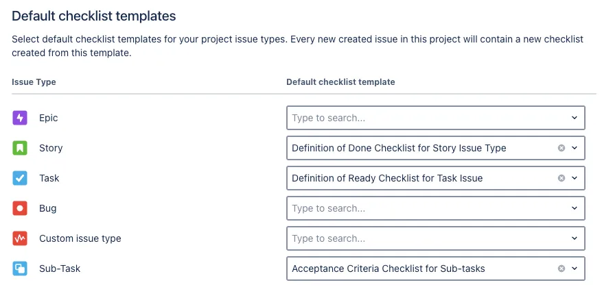 The Didit project settings to automatically add a checklist to different Jira issue types.