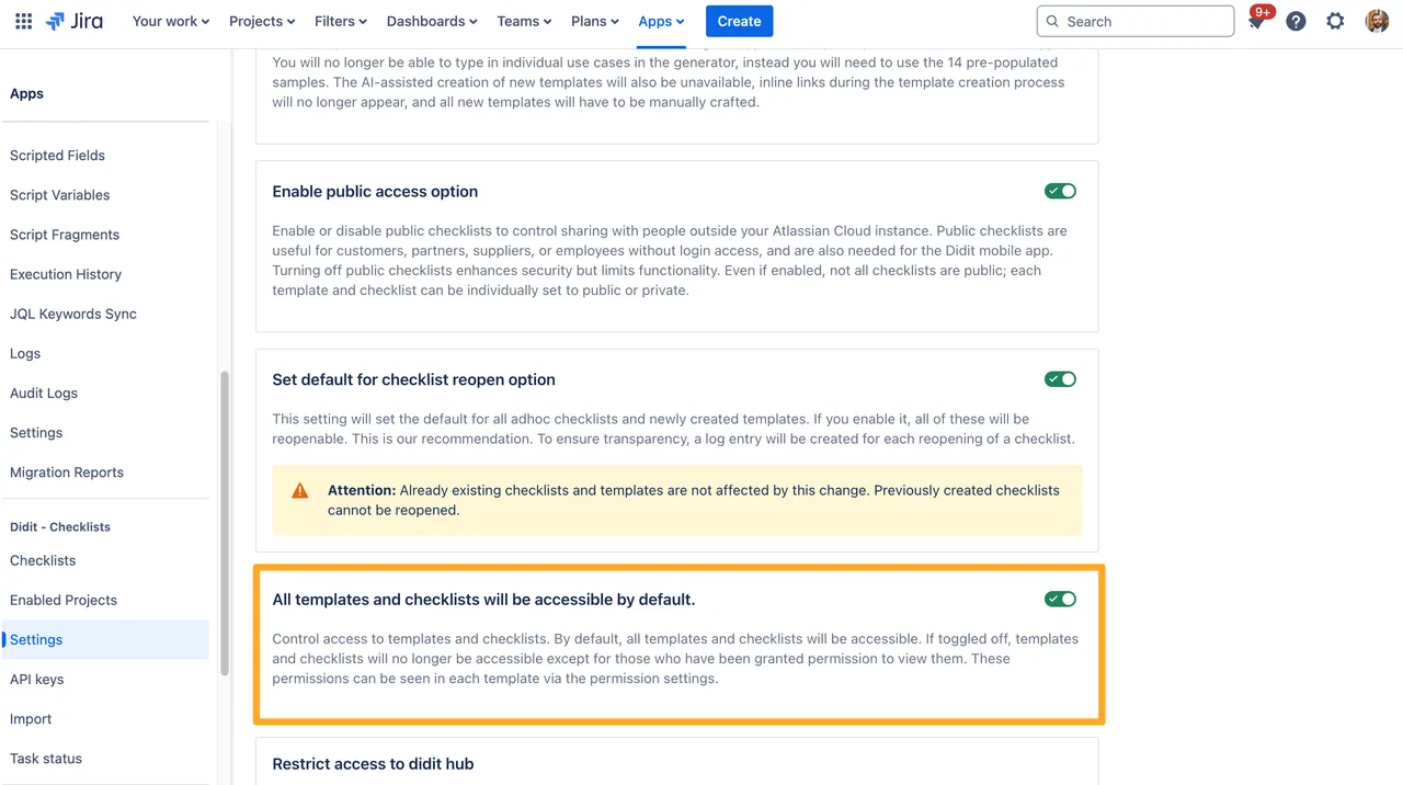 The screen where the default template permissions can be set in the apps admin section of Jira.