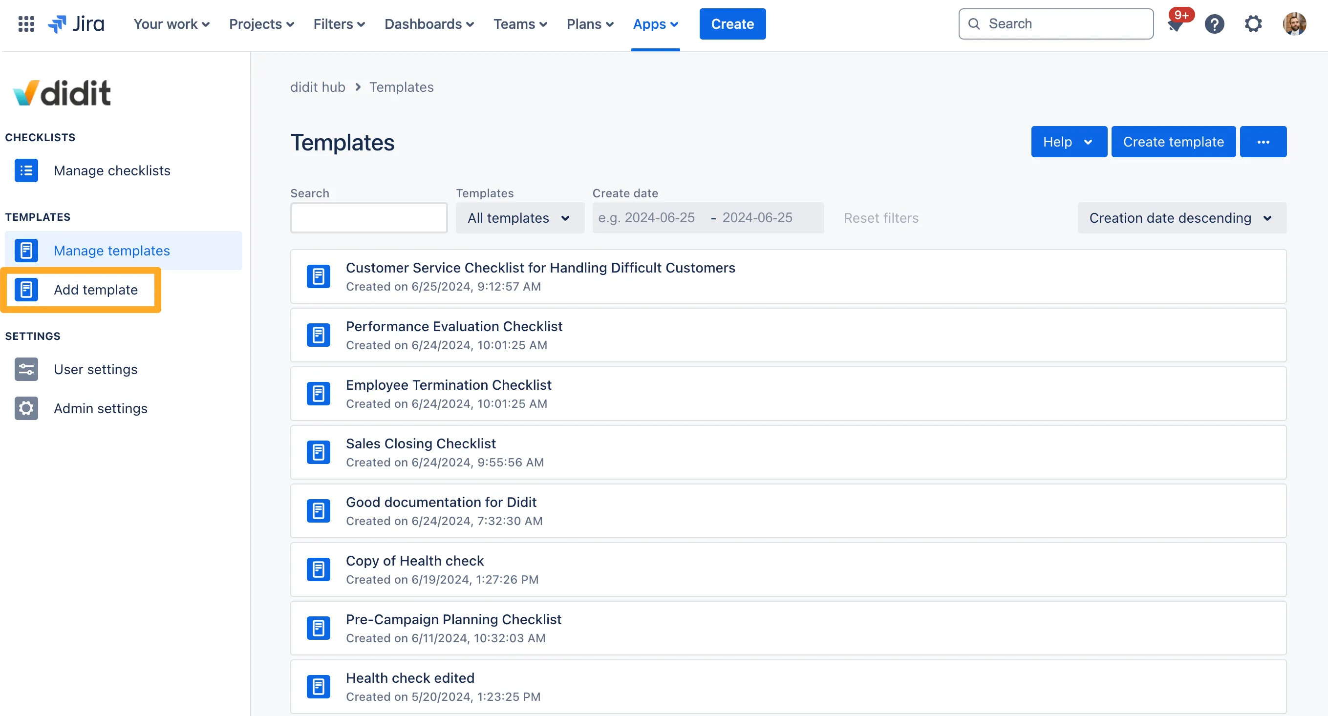 The Didit hub with the Add template button highlighted.