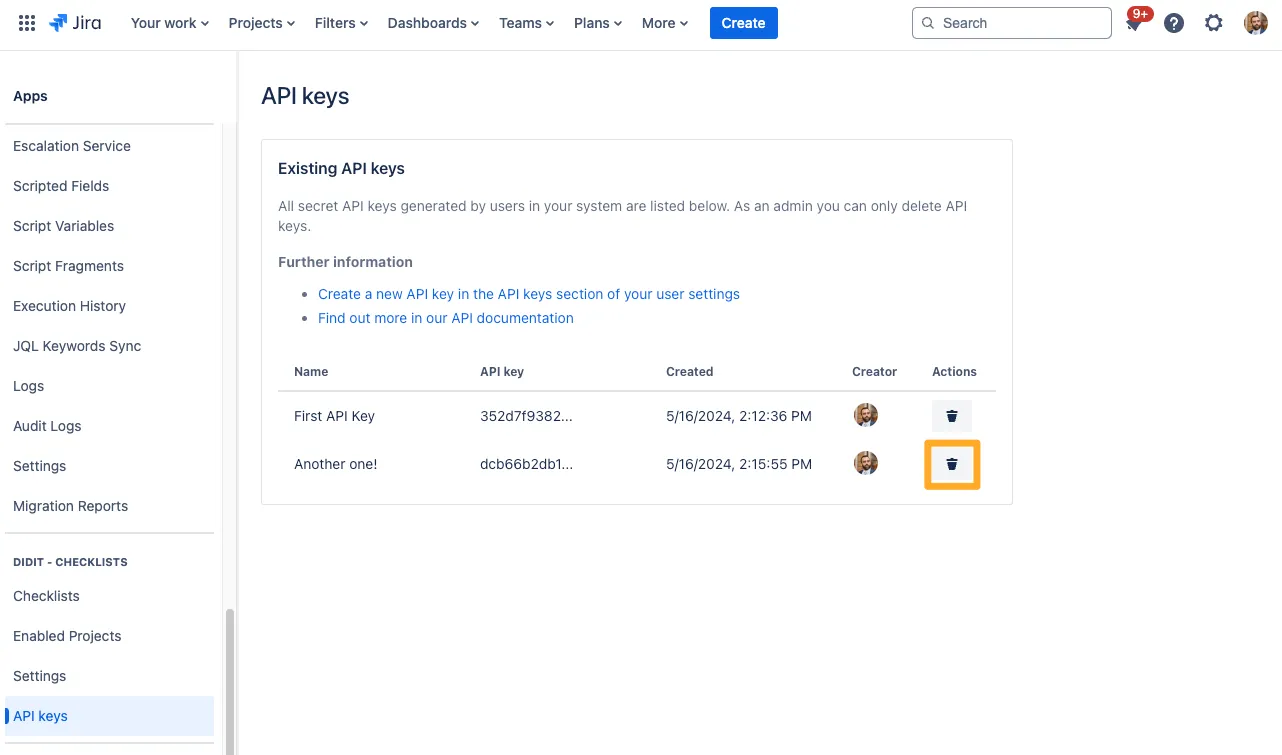The Didit API keys admin section with the delete icon highlighted.