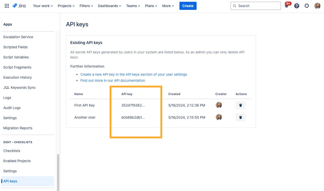 The Didit API key admin section with the API keys column highlighted.