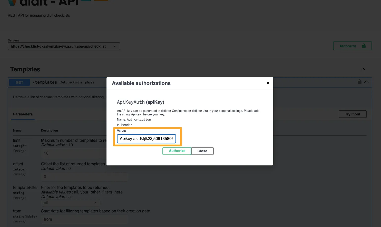 The Didit API references page with the API key auth dialogue showing.