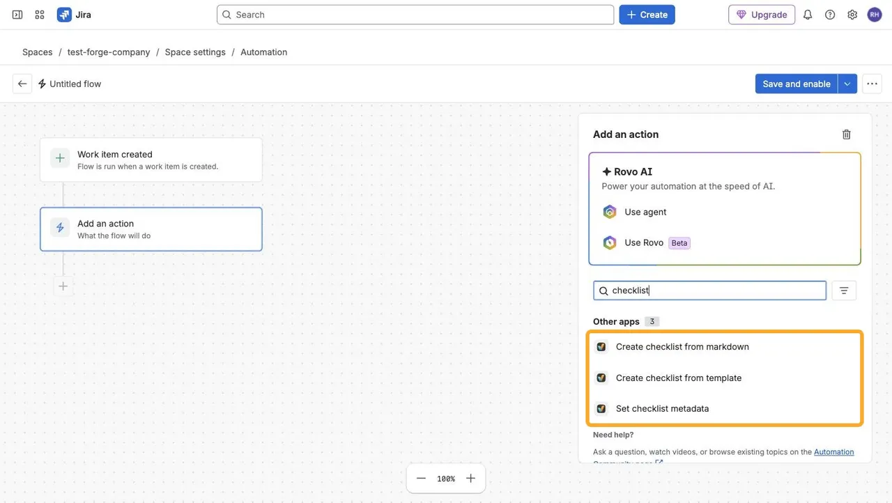 The Jira Automation action search showing the Create checklist from markdown, Create checklist from template, and Set checklist metadata actions under Other apps.