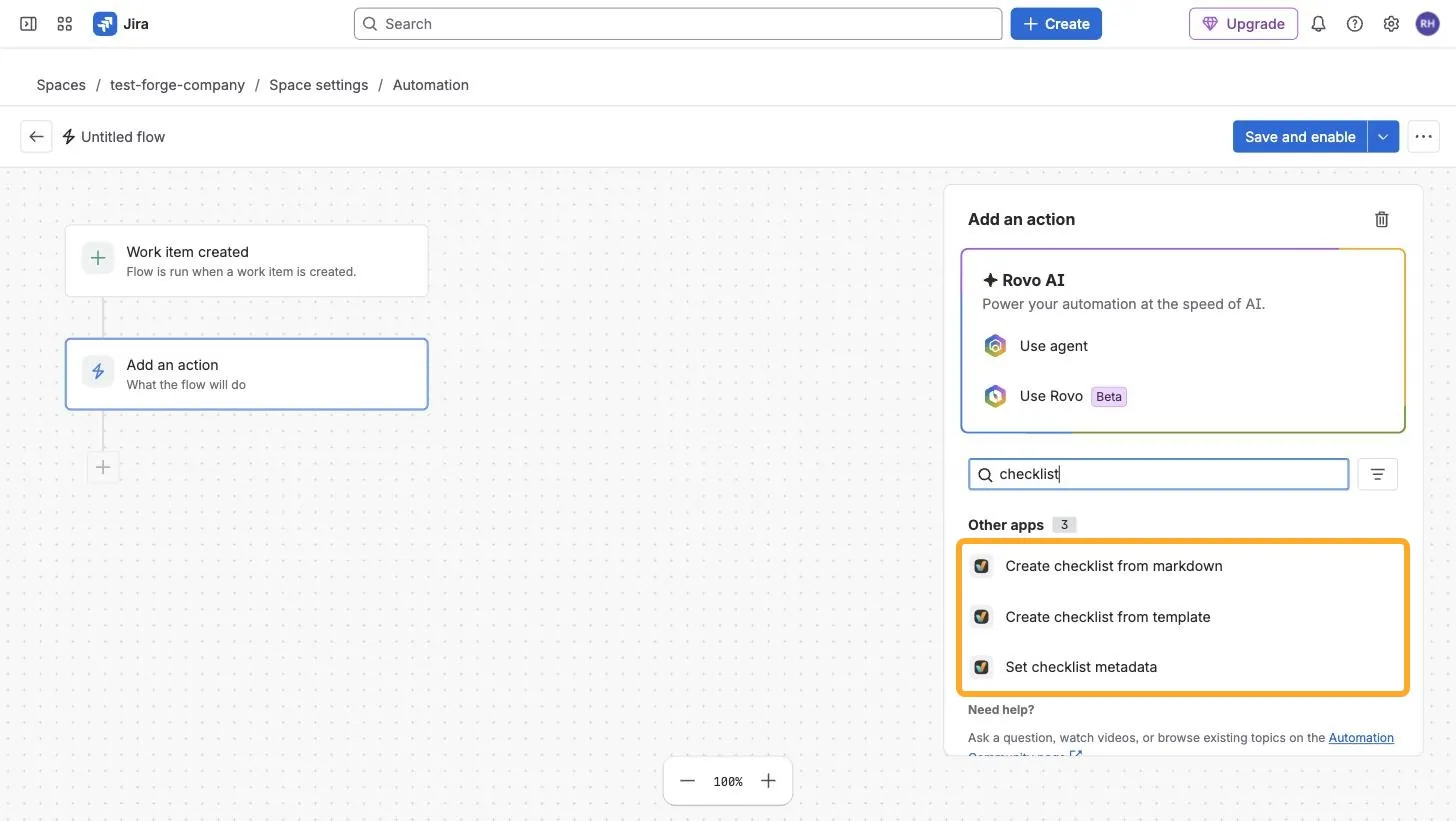 The Jira Automation action search showing the Create checklist from markdown, Create checklist from template, and Set checklist metadata actions under Other apps.