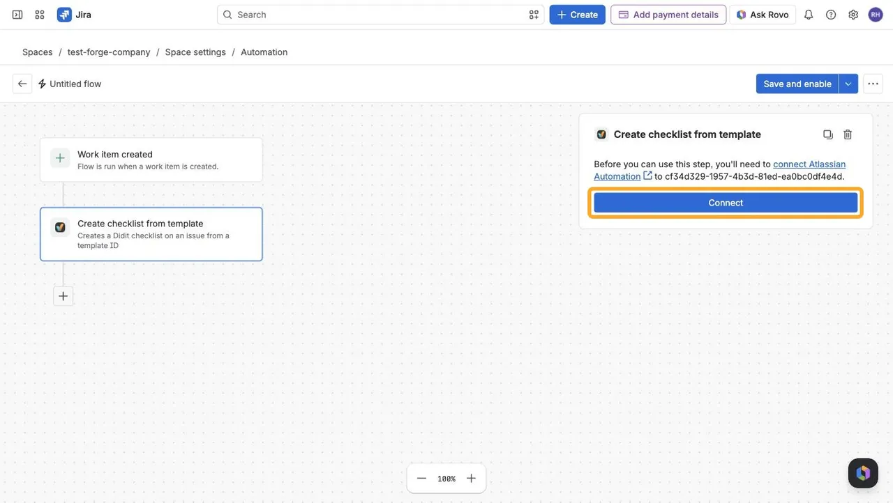 The Create checklist from template action panel asking to connect Atlassian Automation to the Didit app, with a Connect button.