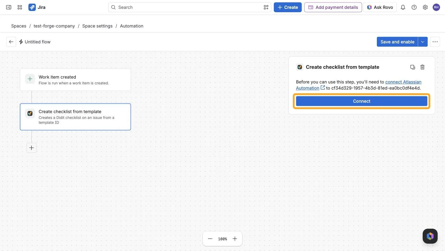 The Create checklist from template action panel asking to connect Atlassian Automation to the Didit app, with a Connect button.