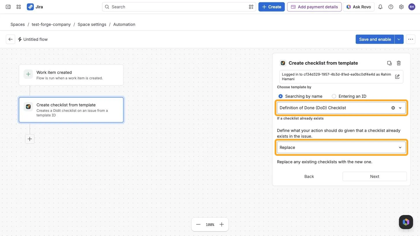 The Create checklist from template action form with the Definition of Done (DoD) Checklist template selected and Replace chosen under If a checklist already exists.