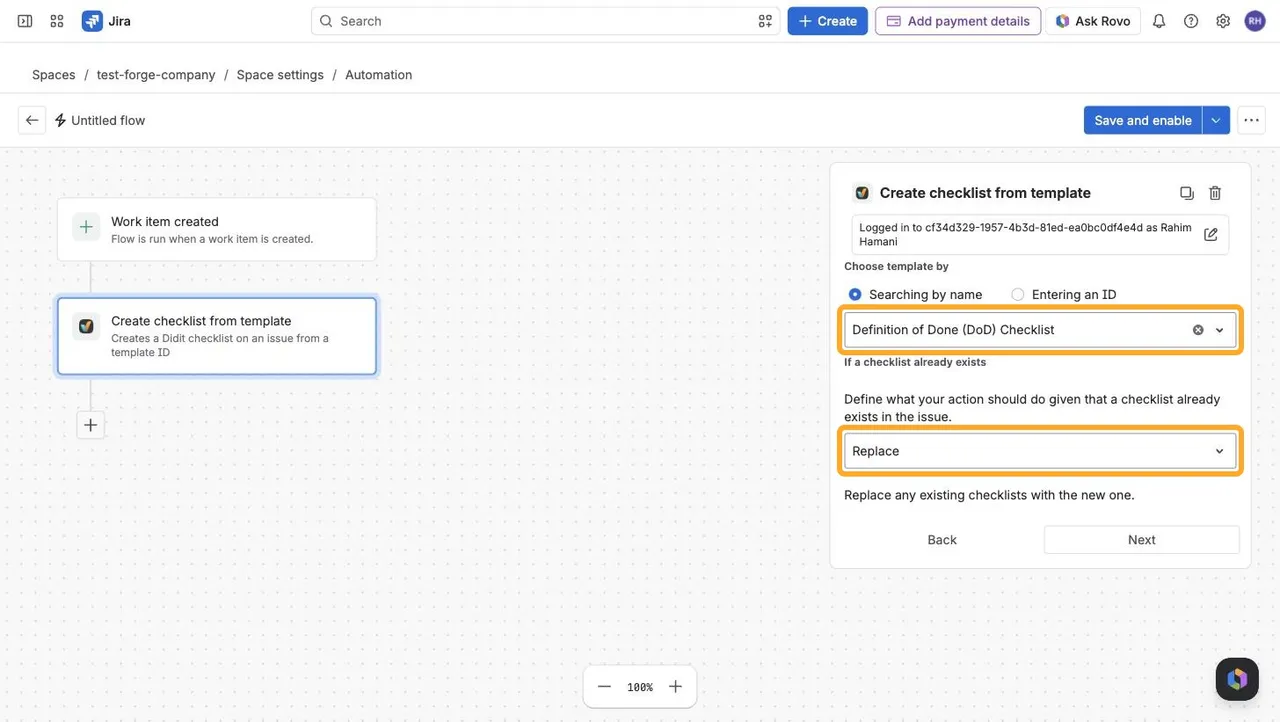 The Create checklist from template action form with the Definition of Done (DoD) Checklist template selected and Replace chosen under If a checklist already exists.