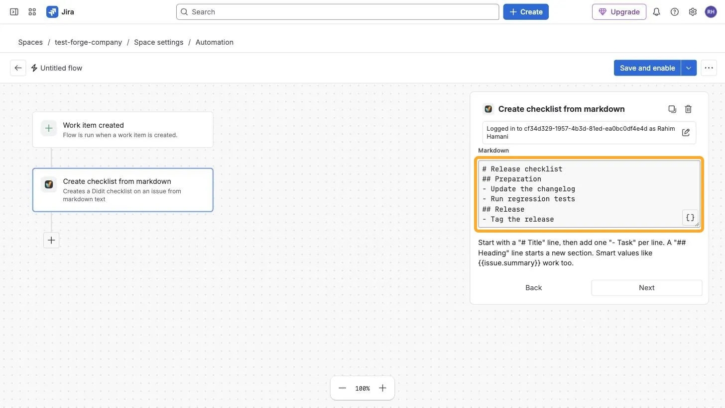 The Create checklist from markdown action form with a release checklist in the Markdown field: a title, two headings, and three tasks.