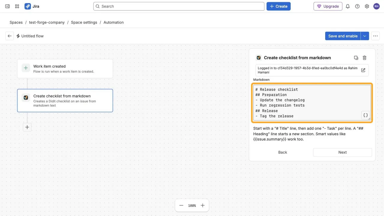 The Create checklist from markdown action form with a release checklist in the Markdown field: a title, two headings, and three tasks.